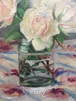 Former Table Early Twentieth Vase Roses Bouquet Of Flowers Oil On Canvas Signed