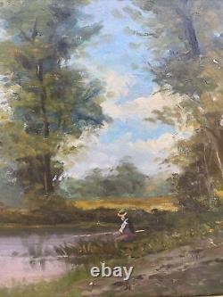 Former Table Oil On Canvas Fisherman A L Pond Epoque XIX Landscape Frame