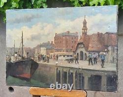 Former Table Signed Edouard Cariat. Animated Port. Oil Painting On Canvas