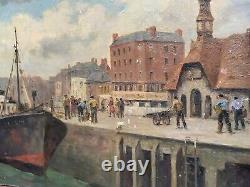 Former Table Signed Edouard Cariat. Animated Port. Oil Painting On Canvas