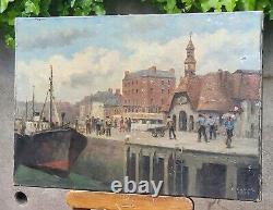 Former Table Signed Edouard Cariat. Animated Port. Oil Painting On Canvas