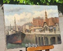 Former Table Signed Edouard Cariat. Animated Port. Oil Painting On Canvas