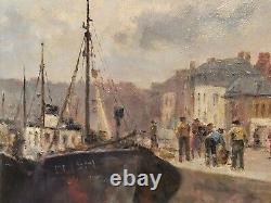 Former Table Signed Edouard Cariat. Animated Port. Oil Painting On Canvas