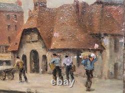 Former Table Signed Edouard Cariat. Animated Port. Oil Painting On Canvas