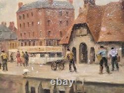 Former Table Signed Edouard Cariat. Animated Port. Oil Painting On Canvas