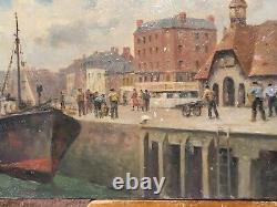 Former Table Signed Edouard Cariat. Animated Port. Oil Painting On Canvas