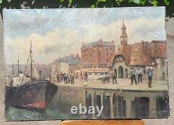 Former Table Signed Edouard Cariat. Animated Port. Oil Painting On Canvas