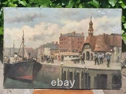 Former Table Signed Edouard Cariat. Animated Port. Oil Painting On Canvas