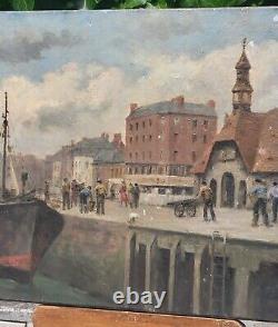 Former Table Signed Edouard Cariat. Animated Port. Oil Painting On Canvas