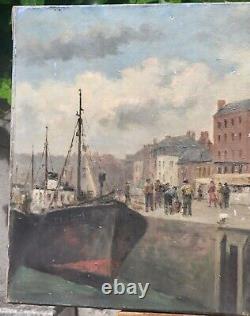 Former Table Signed Edouard Cariat. Animated Port. Oil Painting On Canvas