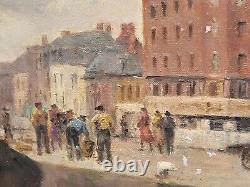 Former Table Signed Edouard Cariat. Animated Port. Oil Painting On Canvas