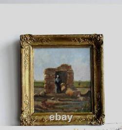 Frame Ancien Bois Dore Oil Painting On Canvas Peasant, Chevres