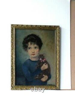 Frame Ancient Wood Dore Oil Painting On Cardboard Portrait Child And Cat