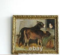 Frame Ancient Wood Dore Oil Painting On Carton Ane, Veal And Rooster A La Ferme