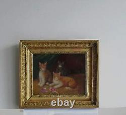 Frame Ancient Wood Dore Painting Oil On Wood Cats