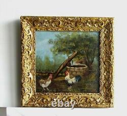 Frame Old Wood Dore Paint Oil On Wood Rooster And Chickens