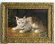 Frame Old Wood Dore Painting Oil On Canvas Cat With Green Eyes