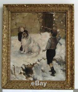 Frame Old Wood Dore Painting Oil On Canvas Children And Dog In The Snow