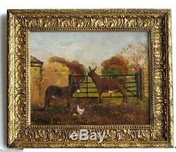 Frame Old Wood Dore Painting Oil On Canvas Donkeys, Hen And Rooster
