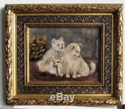 Frame Old Wood Dore Painting Oil On Carton 3 Dogs