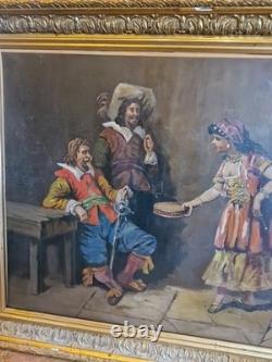 Framed Antique Painting, 19th-Century Musketeer Scene