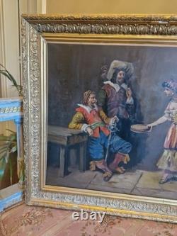 Framed Antique Painting, 19th-Century Musketeer Scene
