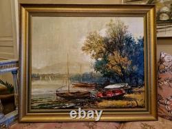 Framed Antique Painting, Signed Oil on Canvas, Landscape with a Boat