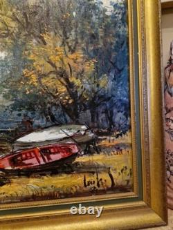 Framed Antique Painting, Signed Oil on Canvas, Landscape with a Boat