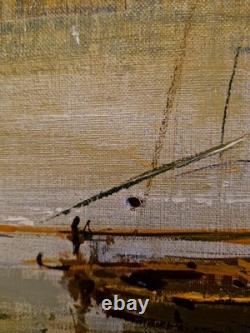 Framed Antique Painting, Signed Oil on Canvas, Landscape with a Boat