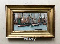 Framed Antique Tableau, Port View, Oil on Cardboard, Painting, Early 20th Century