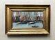 Framed Antique Tableau, Port View, Oil On Cardboard, Painting, Early 20th Century