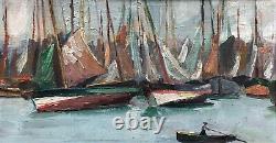 Framed Antique Tableau, Port View, Oil on Cardboard, Painting, Early 20th Century