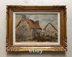 Framed Antique Tableau, Small Thatched Cottages, Oil on Cardboard, Early 20th Century Painting