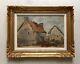 Framed Antique Tableau, Small Thatched Cottages, Oil On Cardboard, Early 20th Century Painting