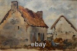 Framed Antique Tableau, Small Thatched Cottages, Oil on Cardboard, Early 20th Century Painting
