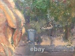 French Garden Oil on Canvas Antique. To Restore, Signed