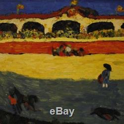 French Painting Square Oil On Canvas Signed Old Style Corrida