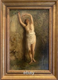French School 19th Century Nude Bather Woman Old Painting Oil on Canvas