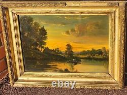 French School 2 Ancient Paintings Signed Animated Landscape Oil Painting on Paper