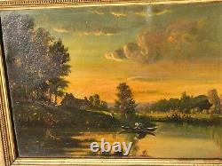 French School 2 Ancient Paintings Signed Animated Landscape Oil Painting on Paper
