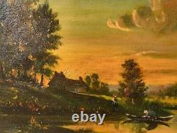 French School 2 Ancient Paintings Signed Animated Landscape Oil Painting on Paper