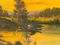 French School 2 Ancient Paintings Signed Animated Landscape Oil Painting on Paper