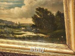 French School 2 Ancient Paintings Signed Animated Landscape Oil Painting on Paper