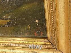 French School 2 Ancient Paintings Signed Animated Landscape Oil Painting on Paper