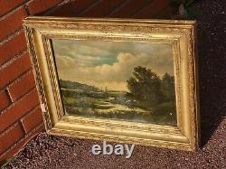 French School 2 Ancient Paintings Signed Animated Landscape Oil Painting on Paper