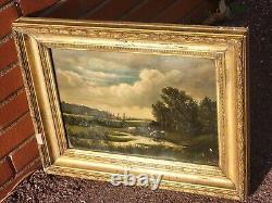 French School 2 Ancient Paintings Signed Animated Landscape Oil Painting on Paper