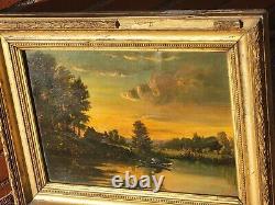 French School 2 Ancient Paintings Signed Animated Landscape Oil Painting on Paper
