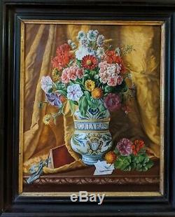 French School Bunch Of Flowers Oil On Canvas 19th Former Table