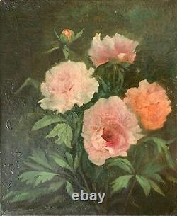 French School Late 19th Century, Peony Flowers, Antique Painting, Oil On Canvas