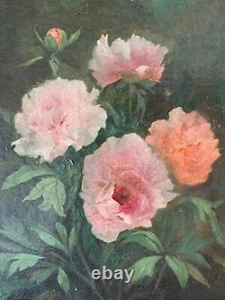 French School Late 19th Century, Peony Flowers, Antique Painting, Oil On Canvas